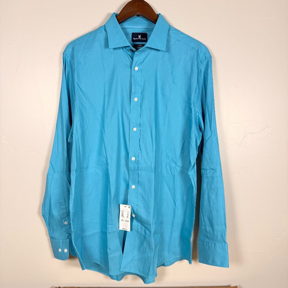 Psycho Bunny Shirt Mens 17 34/35 Blue Modern Fit Stretch Non Iron Long Sleeve